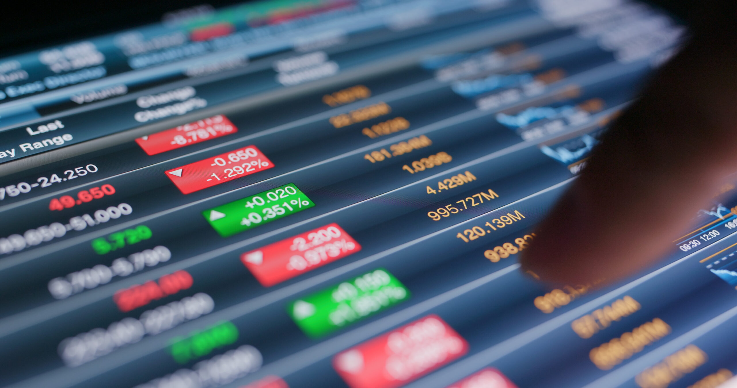 Image of a finger sliding through a list of stocks on a mobile device during a period of market volatility.